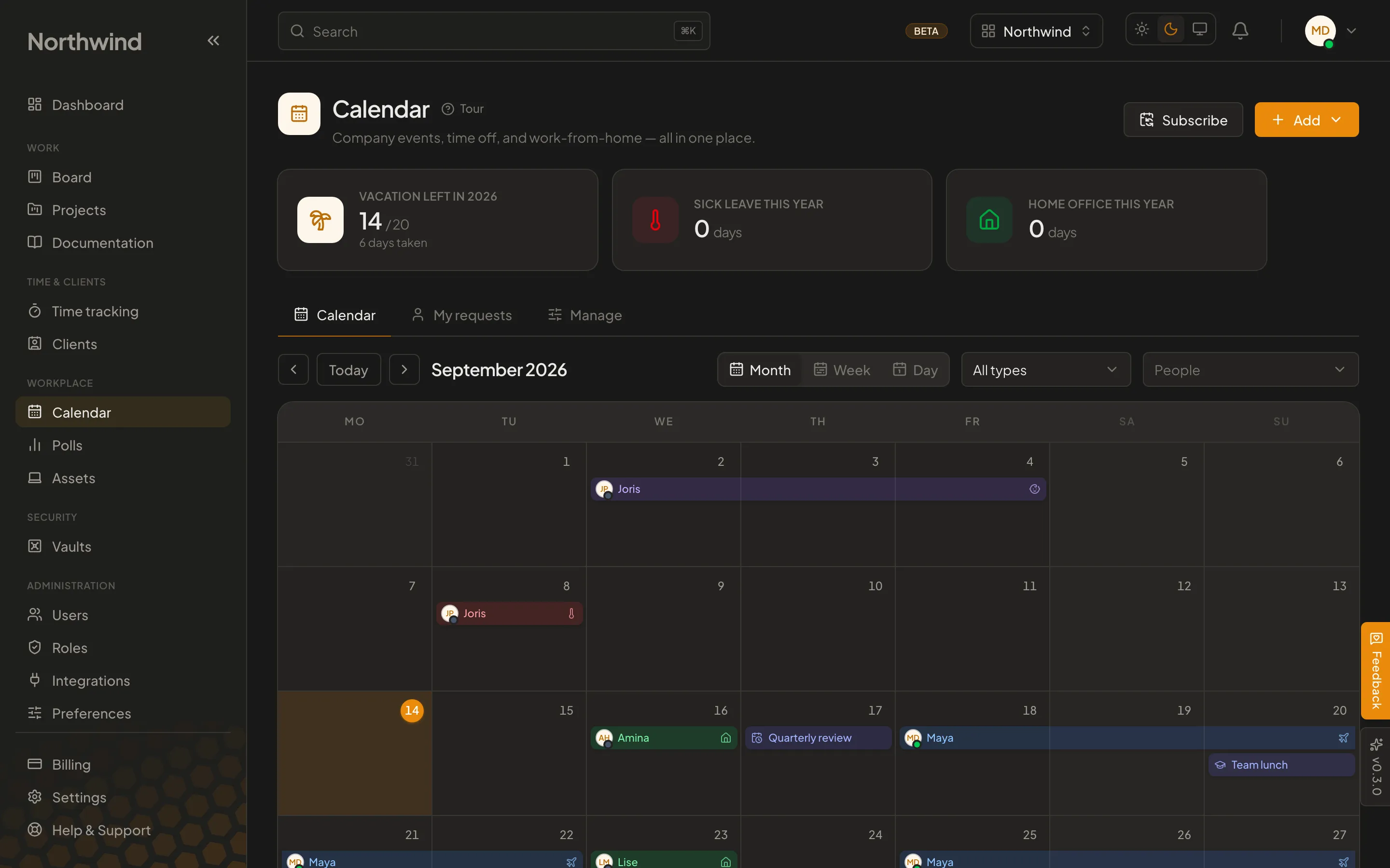 The Cohively shared calendar, showing team leave, birthdays and events across the month.