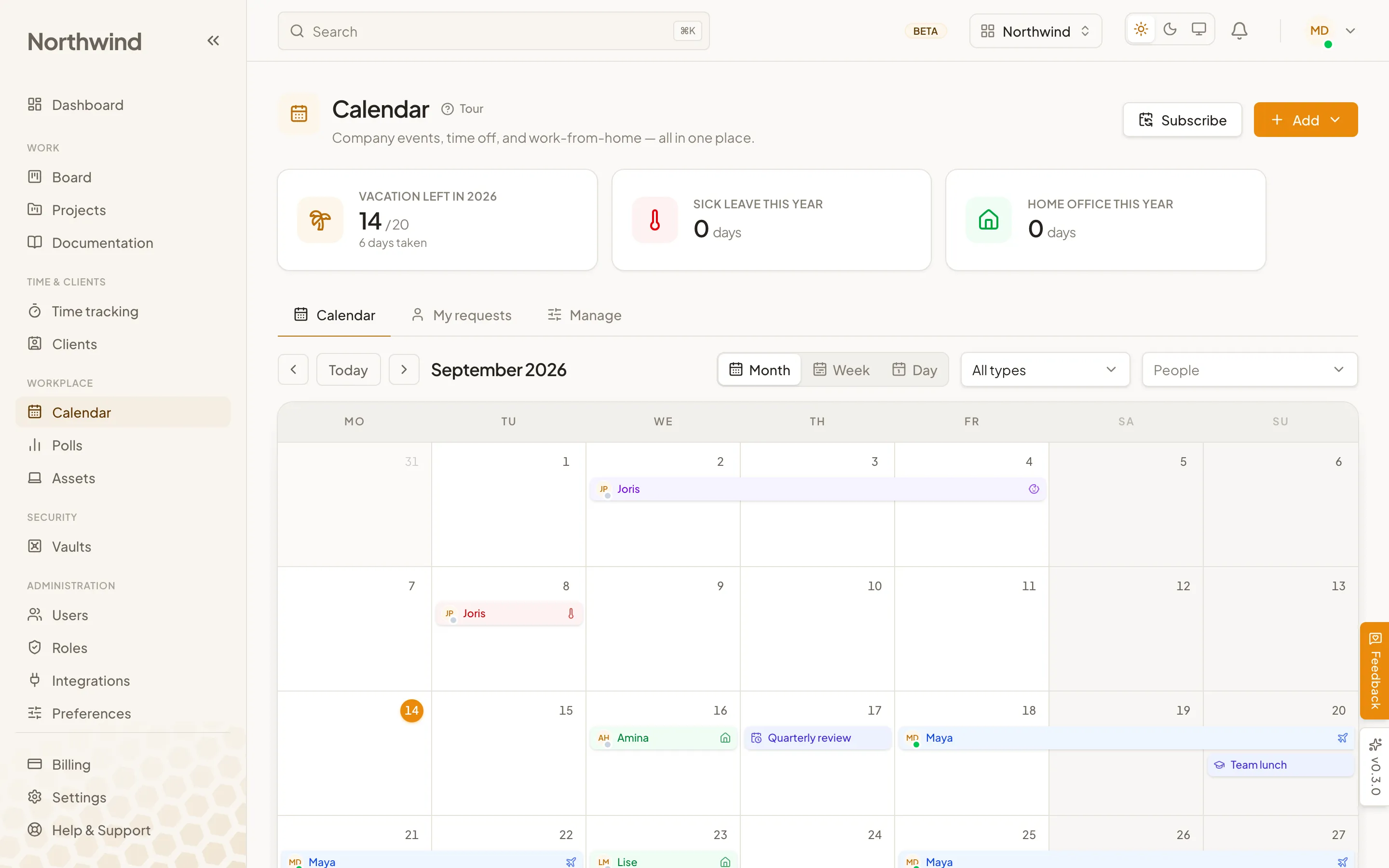 The Cohively shared calendar, showing team leave, birthdays and events across the month.