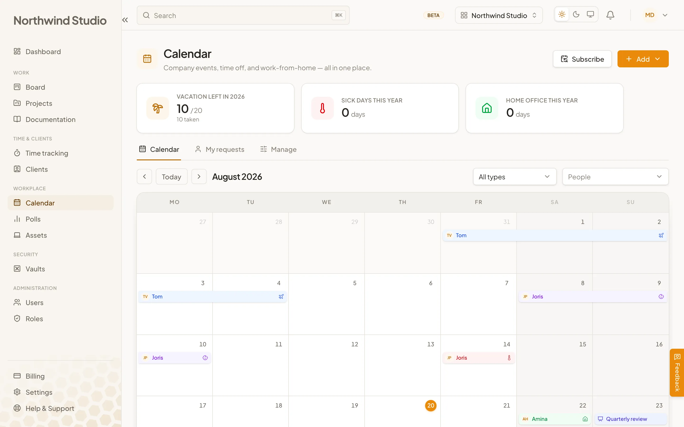 De gedeelde agenda van Cohively, met verlof, verjaardagen en teamevenementen over de maand.