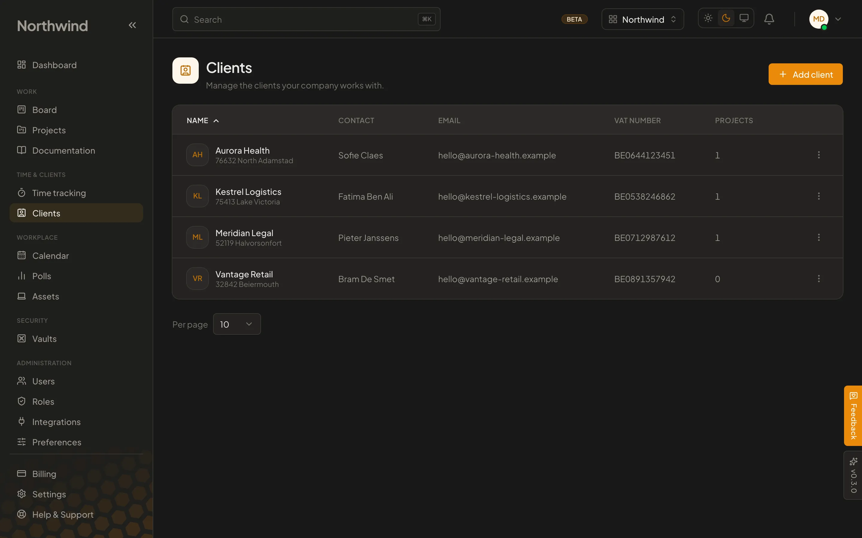 The Cohively clients overview, listing client companies with their contact person and details.