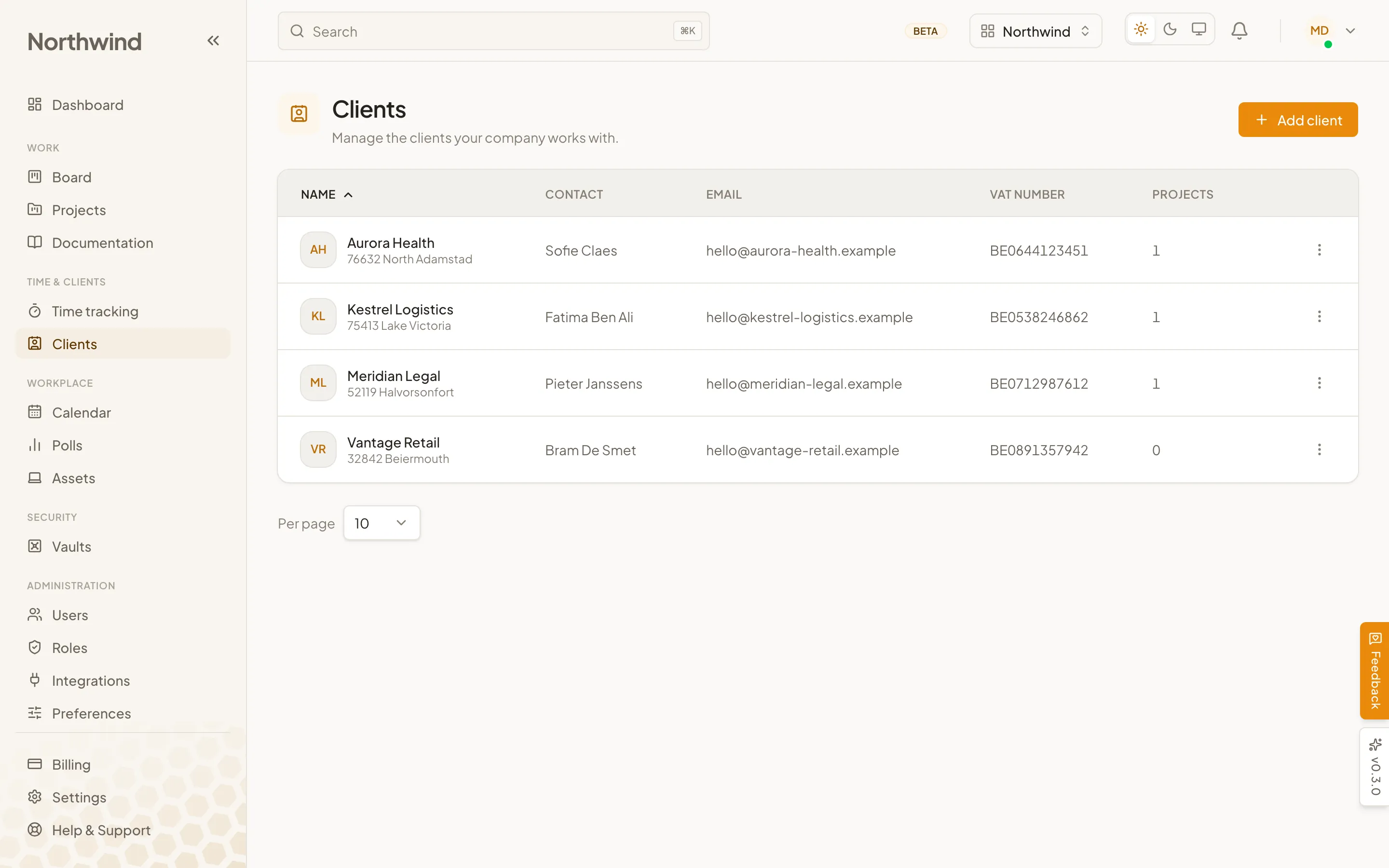 The Cohively clients overview, listing client companies with their contact person and details.