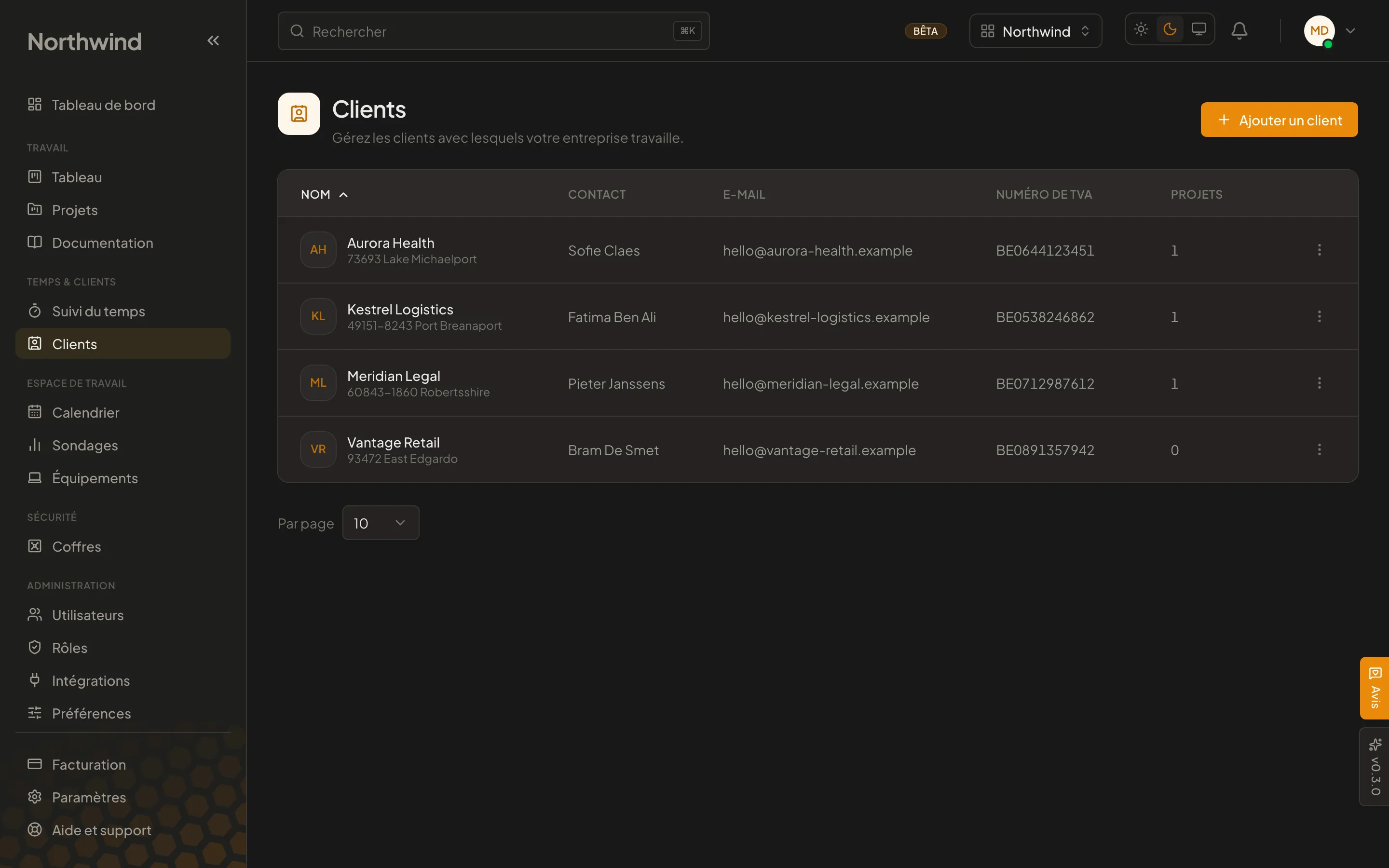 La vue des clients Cohively, listant les entreprises clientes avec leur personne de contact et leurs coordonnées.