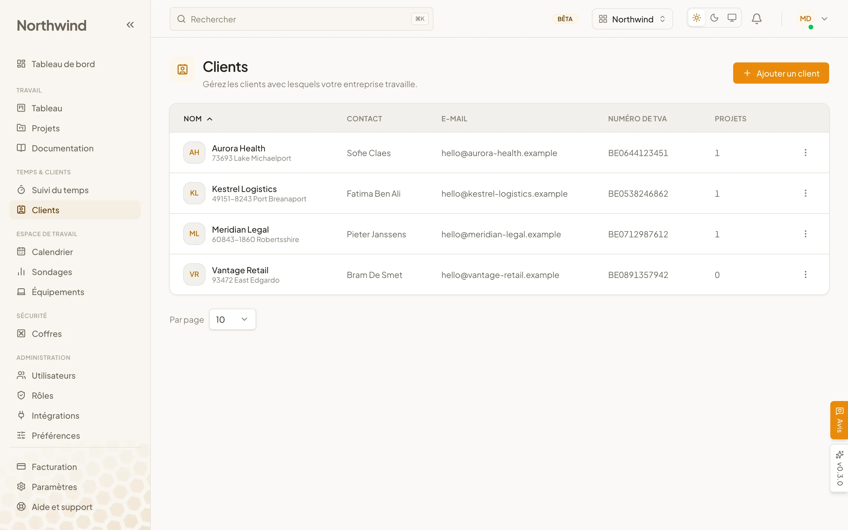La vue des clients Cohively, listant les entreprises clientes avec leur personne de contact et leurs coordonnées.