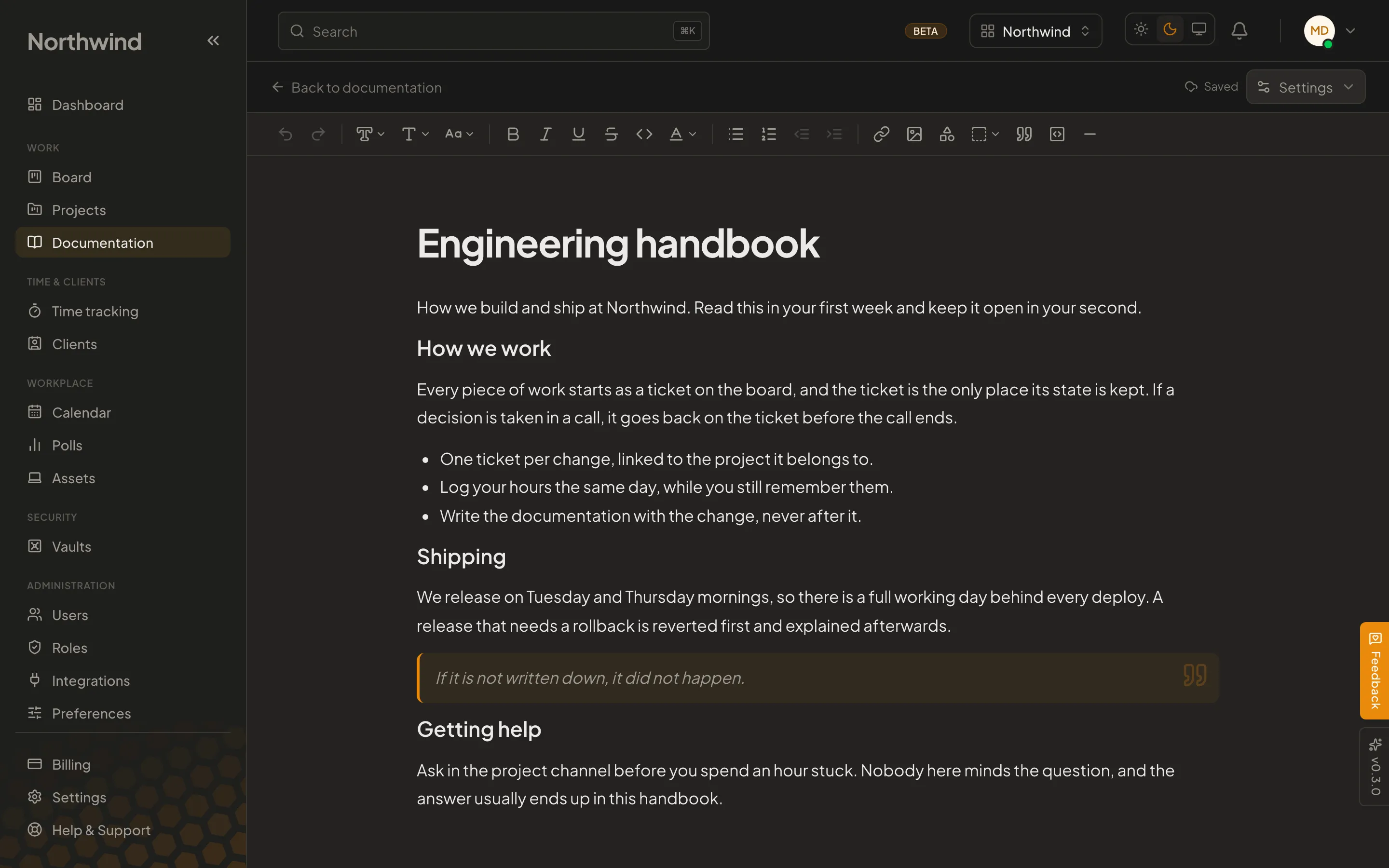 The Cohively documentation editor, showing a page of formatted text beside a folder tree of documents.