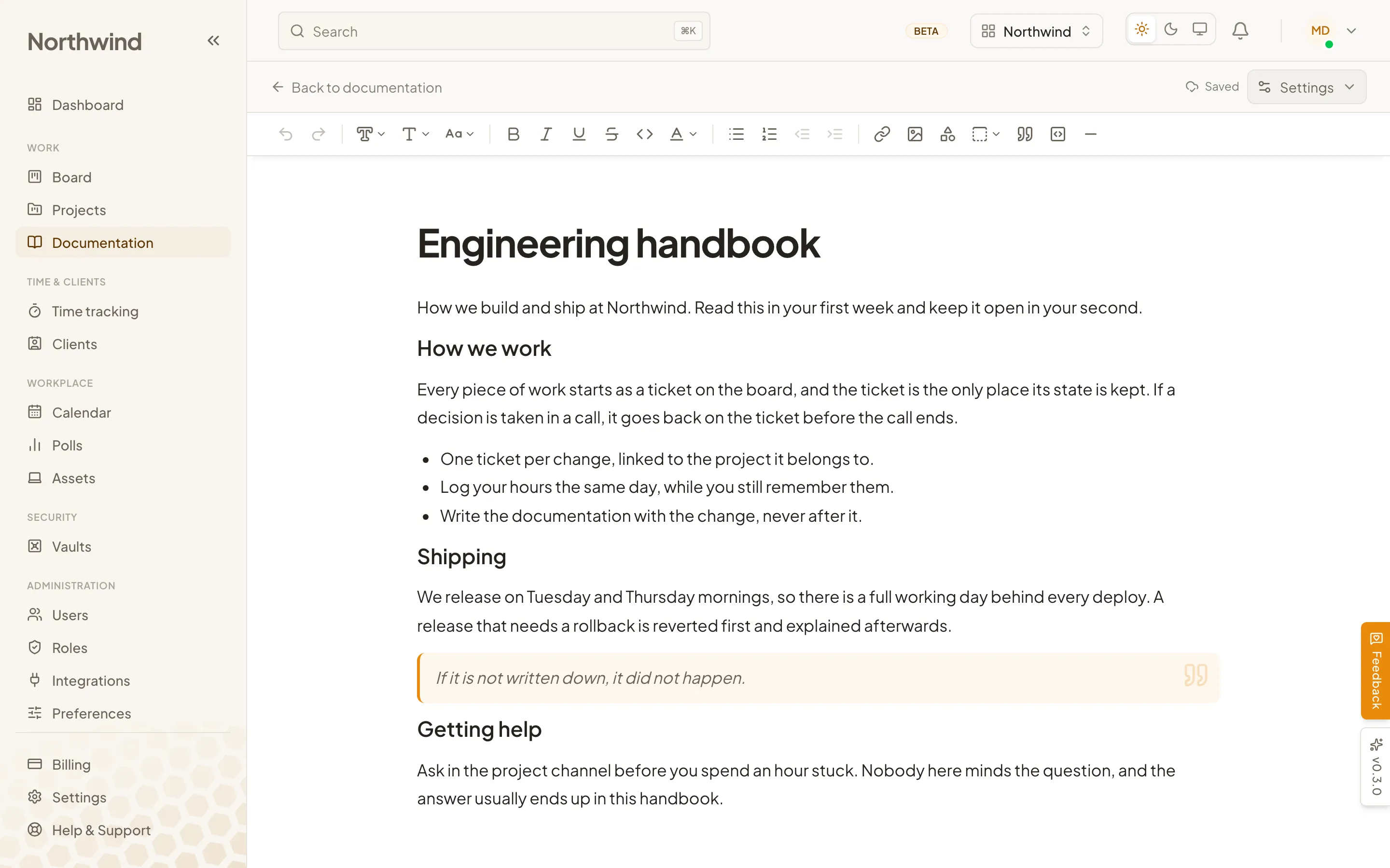The Cohively documentation editor, showing a page of formatted text beside a folder tree of documents.