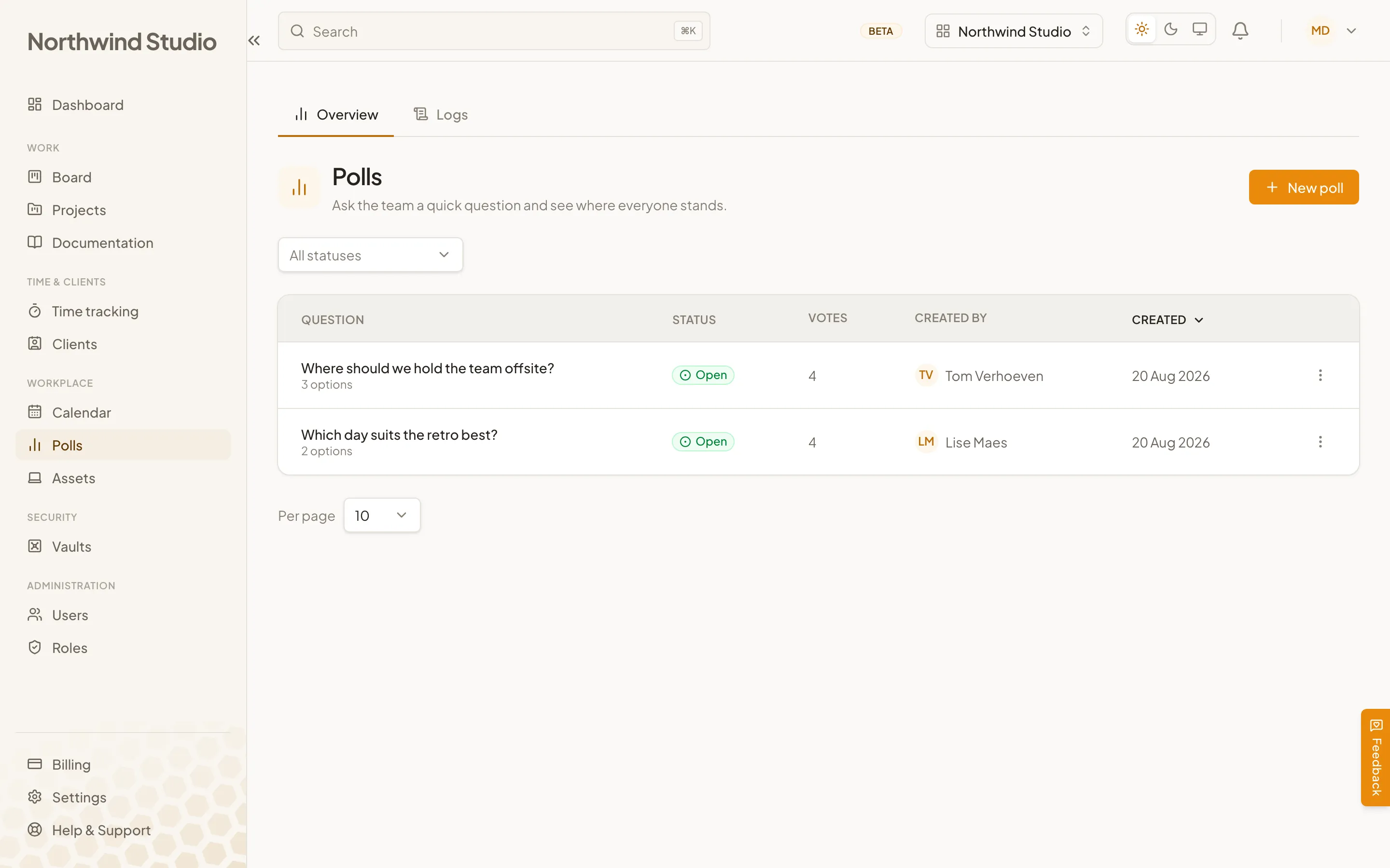 Een poll in Cohively, met een vraag, antwoordopties en de huidige stemmen.