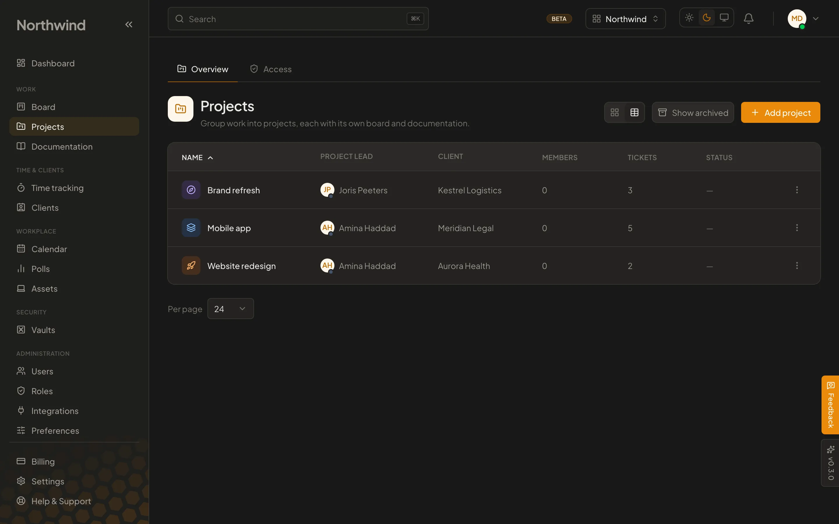 The Cohively projects list, showing each project with its colour, lead and status.