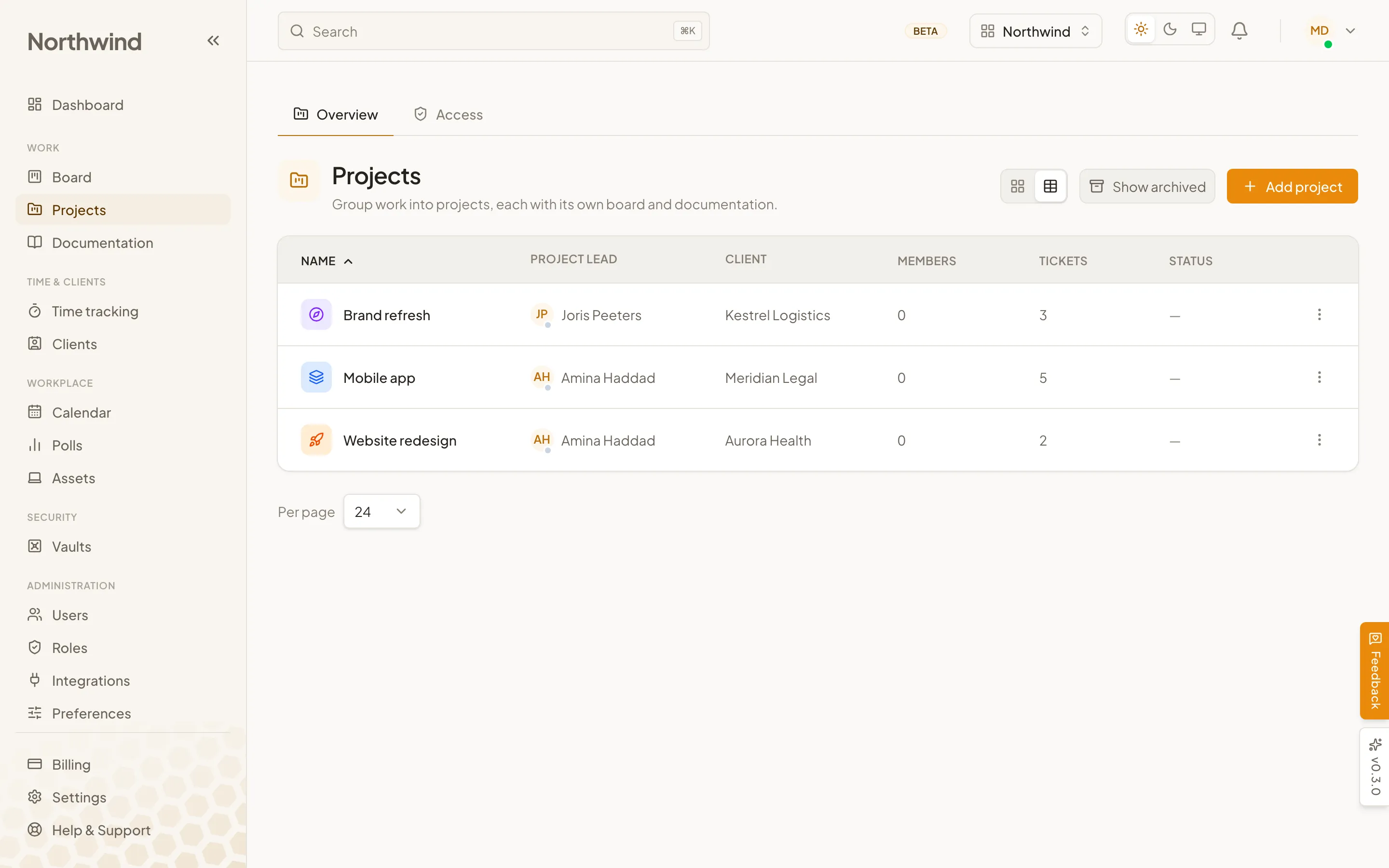 The Cohively projects list, showing each project with its colour, lead and status.