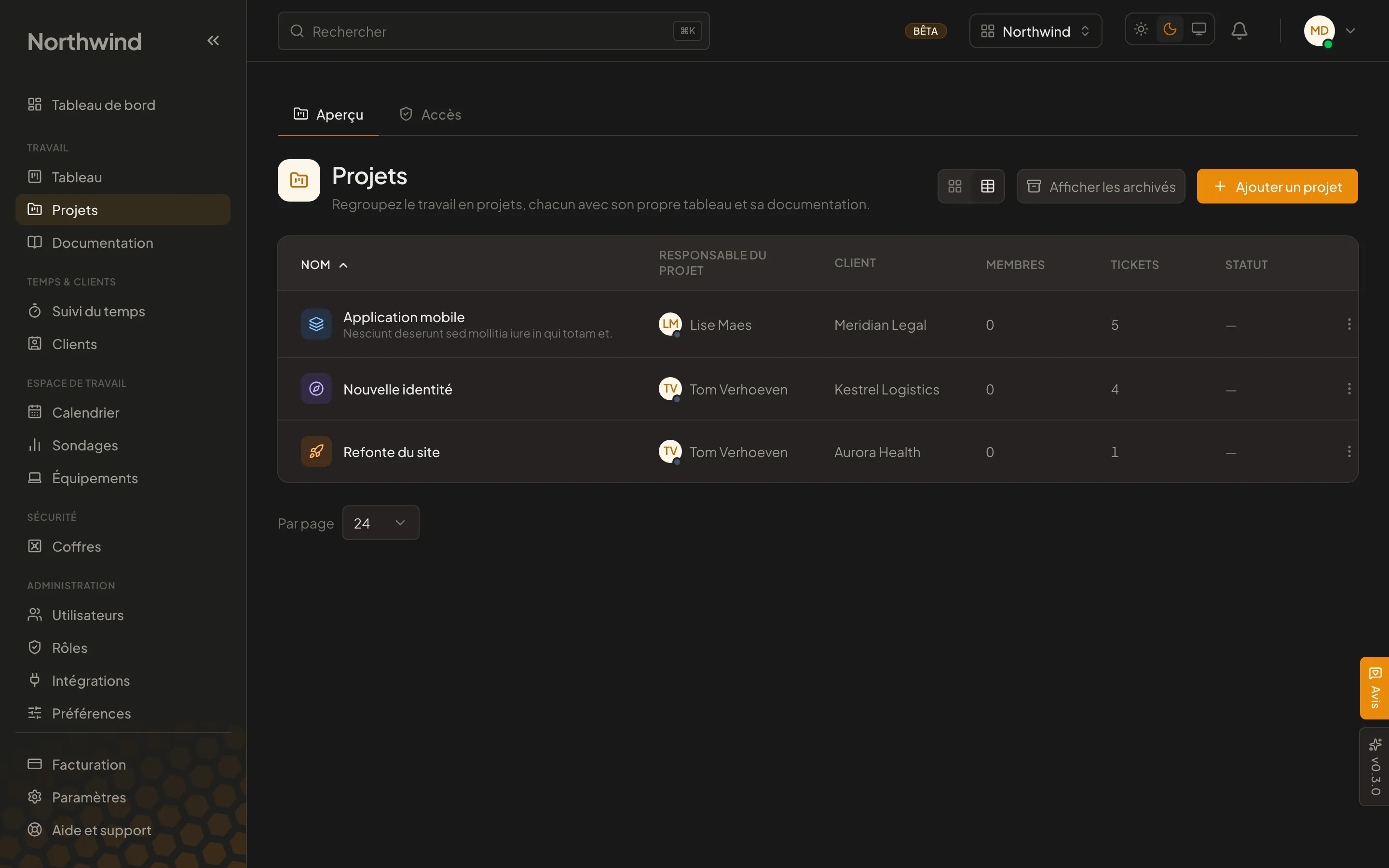 La liste des projets Cohively, avec pour chacun sa couleur, son responsable et son statut.