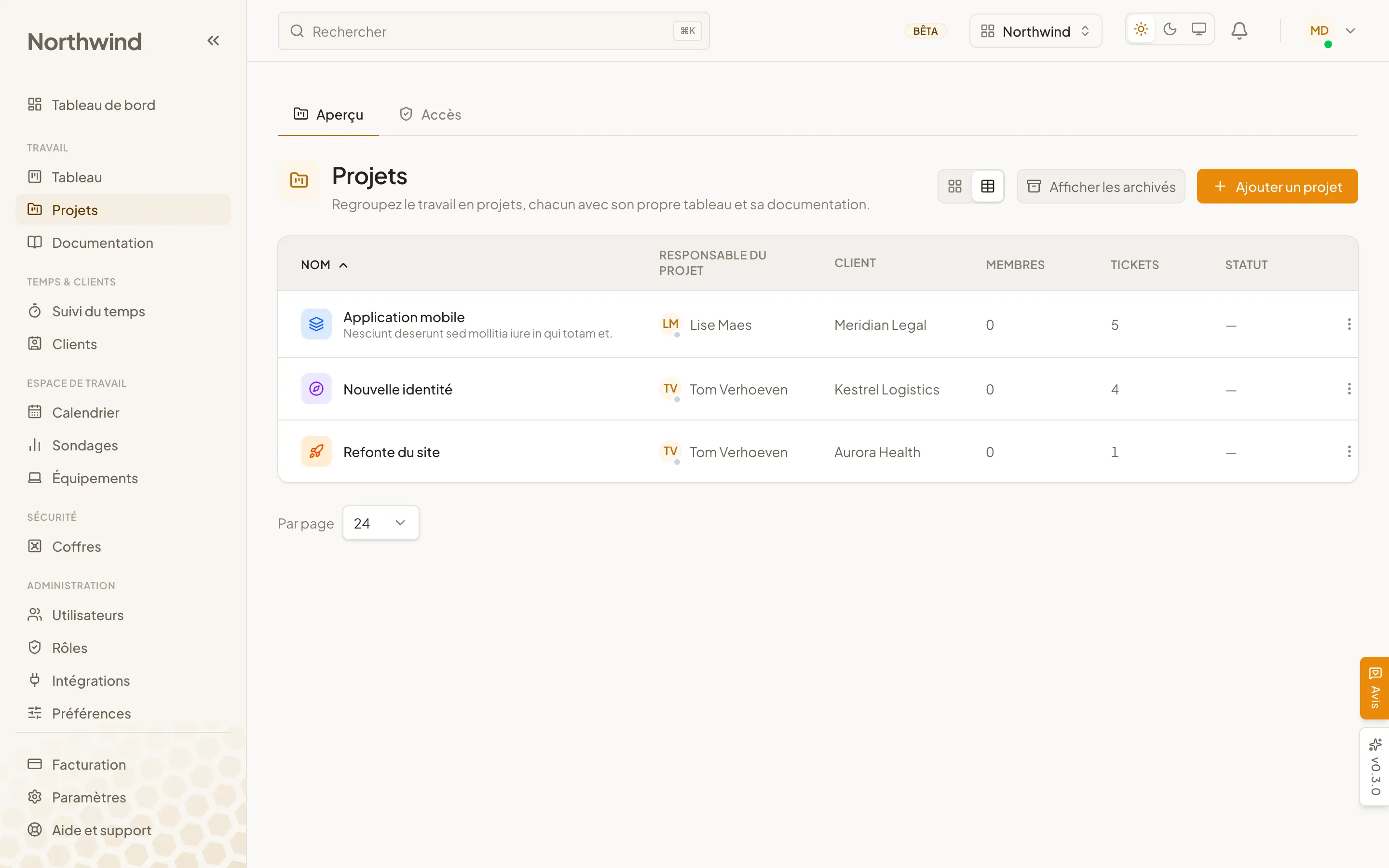 La liste des projets Cohively, avec pour chacun sa couleur, son responsable et son statut.