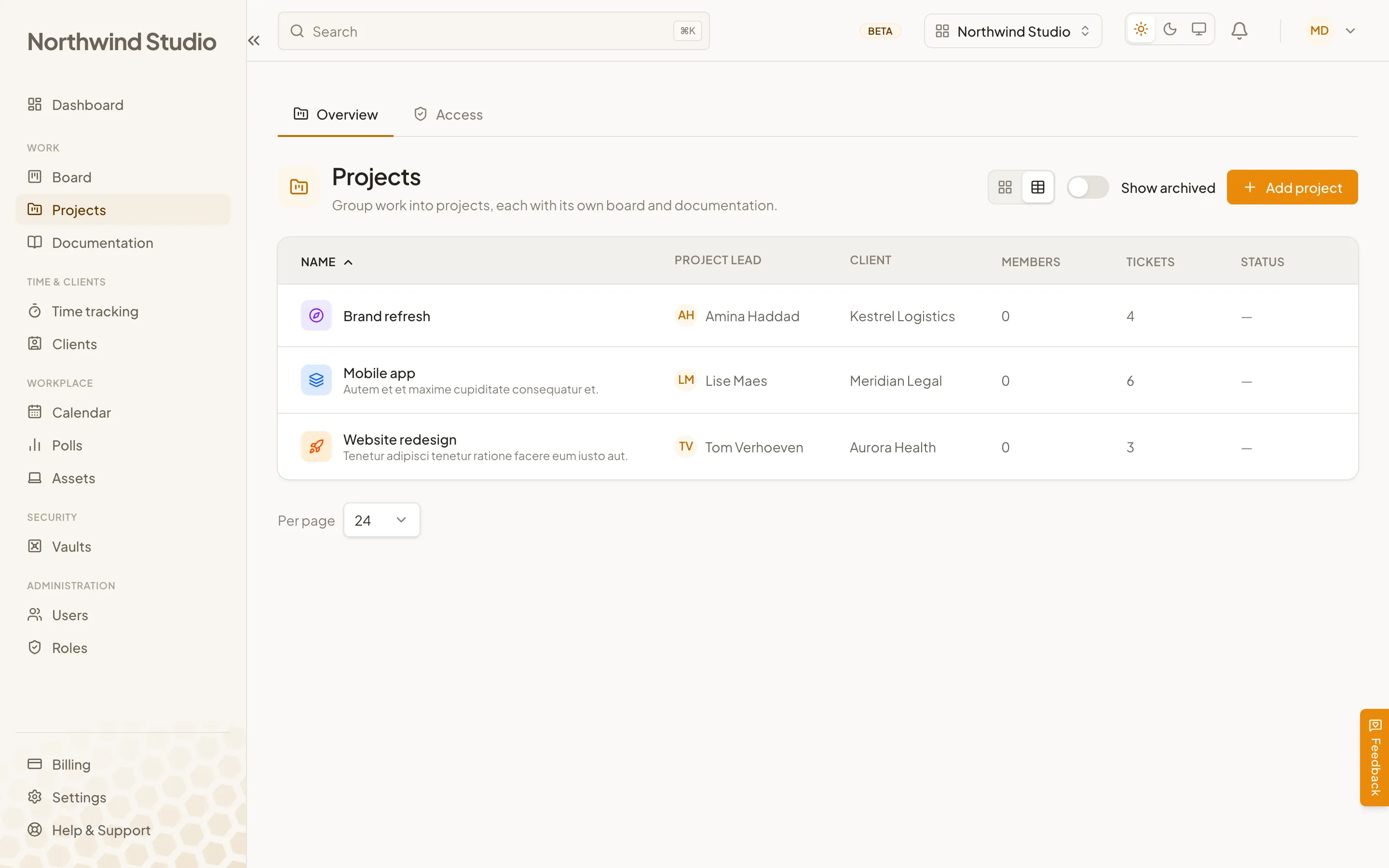De projectenlijst van Cohively, met per project de kleur, de verantwoordelijke en de status.