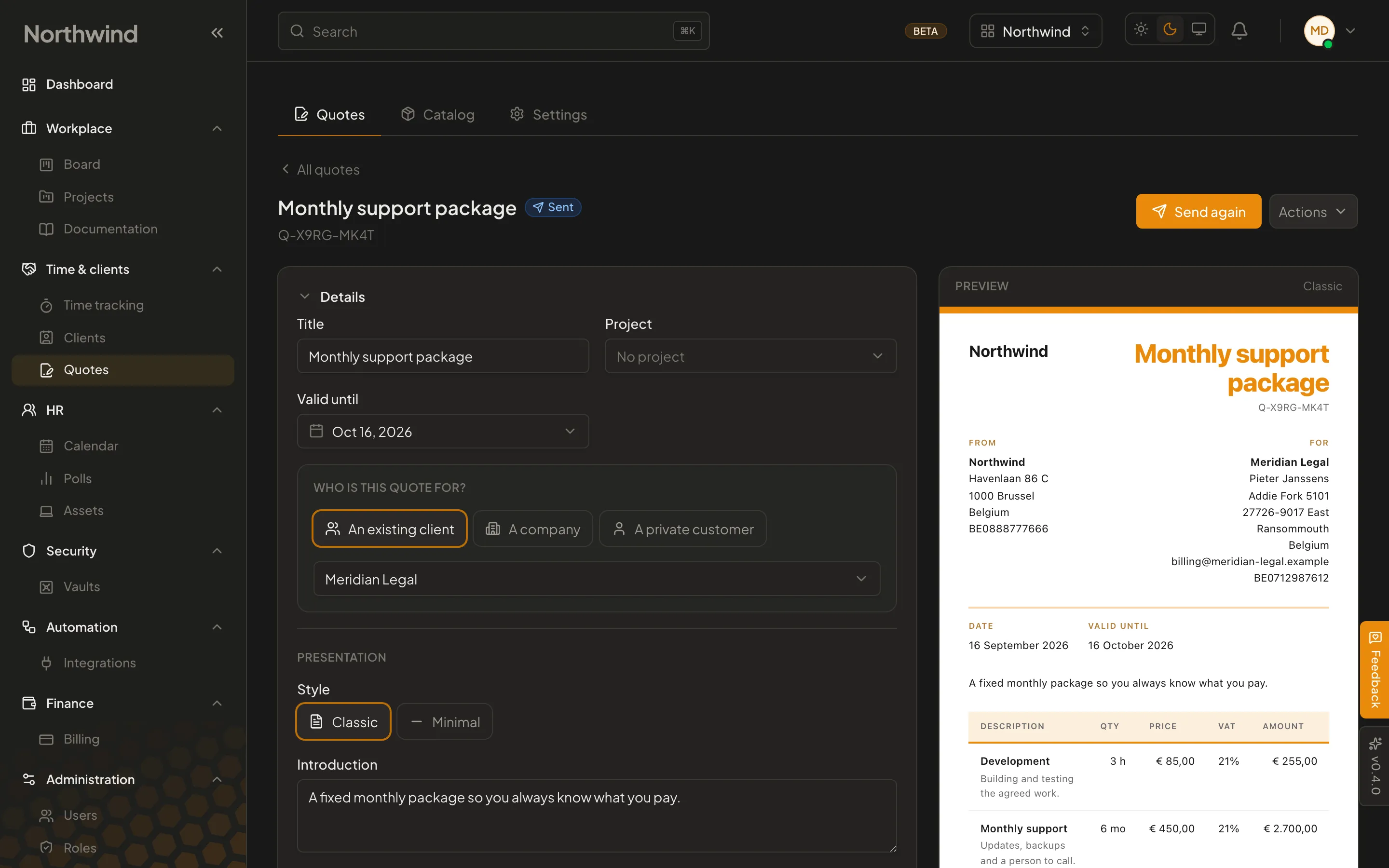 The Cohively quote editor, with a catalog of products on the left and a live preview of the quote document on the right.