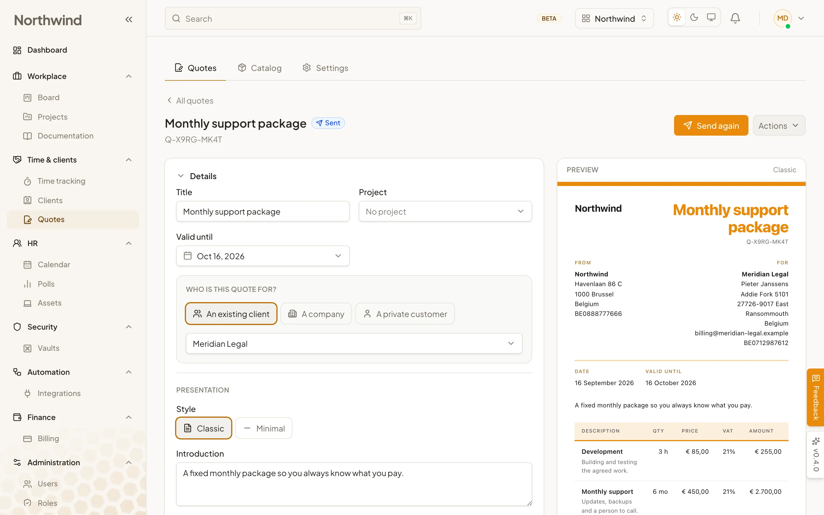 The Cohively quote editor, with a catalog of products on the left and a live preview of the quote document on the right.