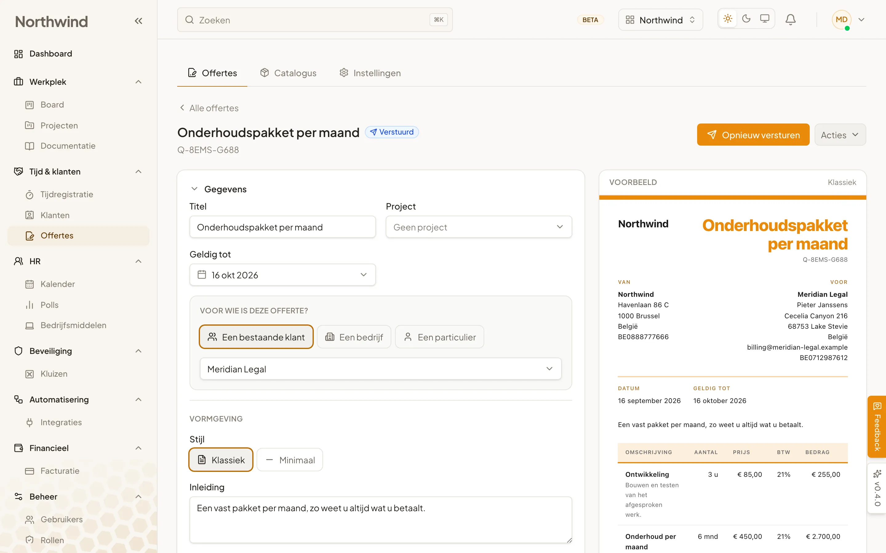 De offerte-editor van Cohively, met links een catalogus van producten en rechts een live voorbeeld van het offertedocument.