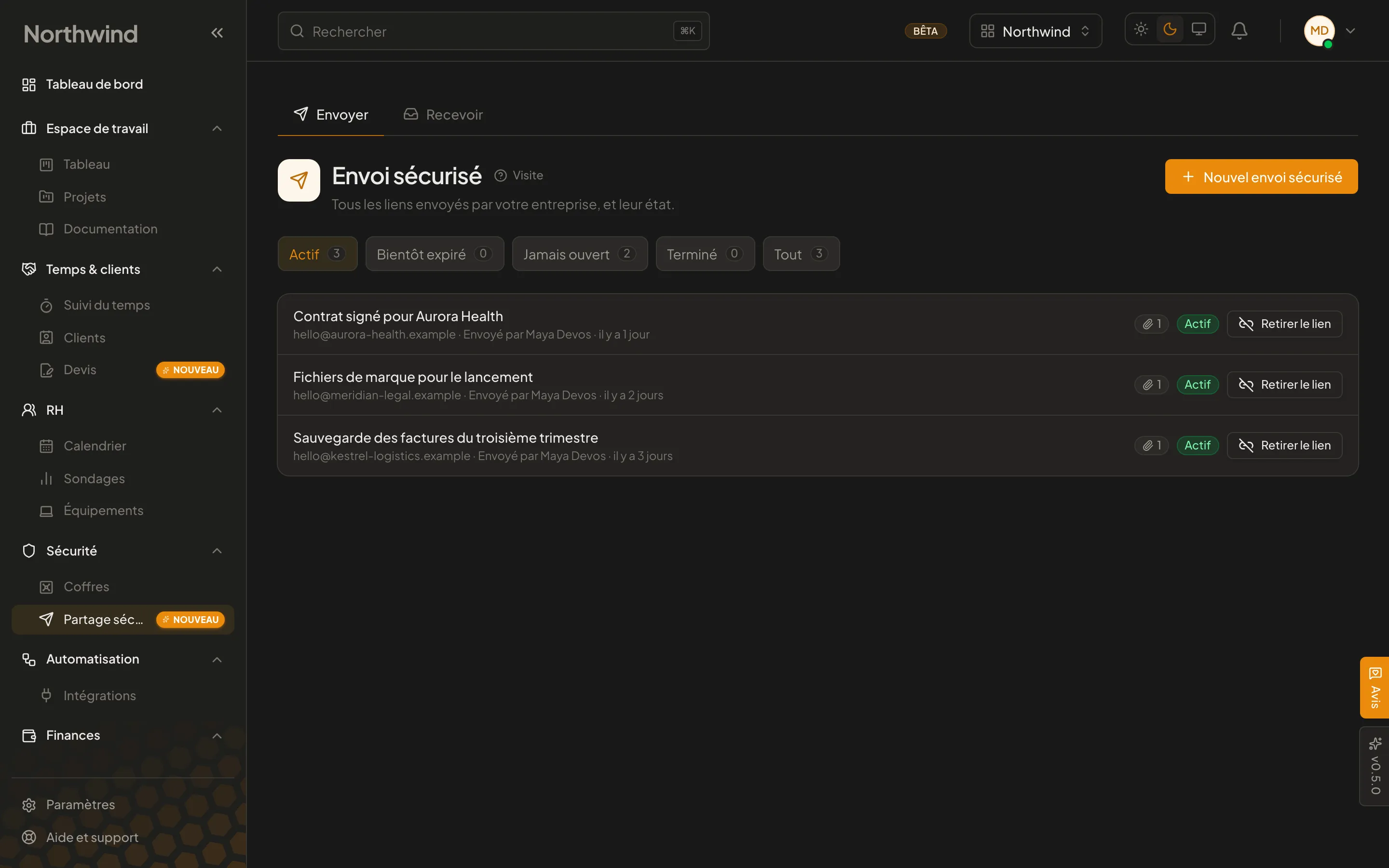 L’aperçu Secure Share de Cohively, avec les liens envoyés et l’état de chacun.