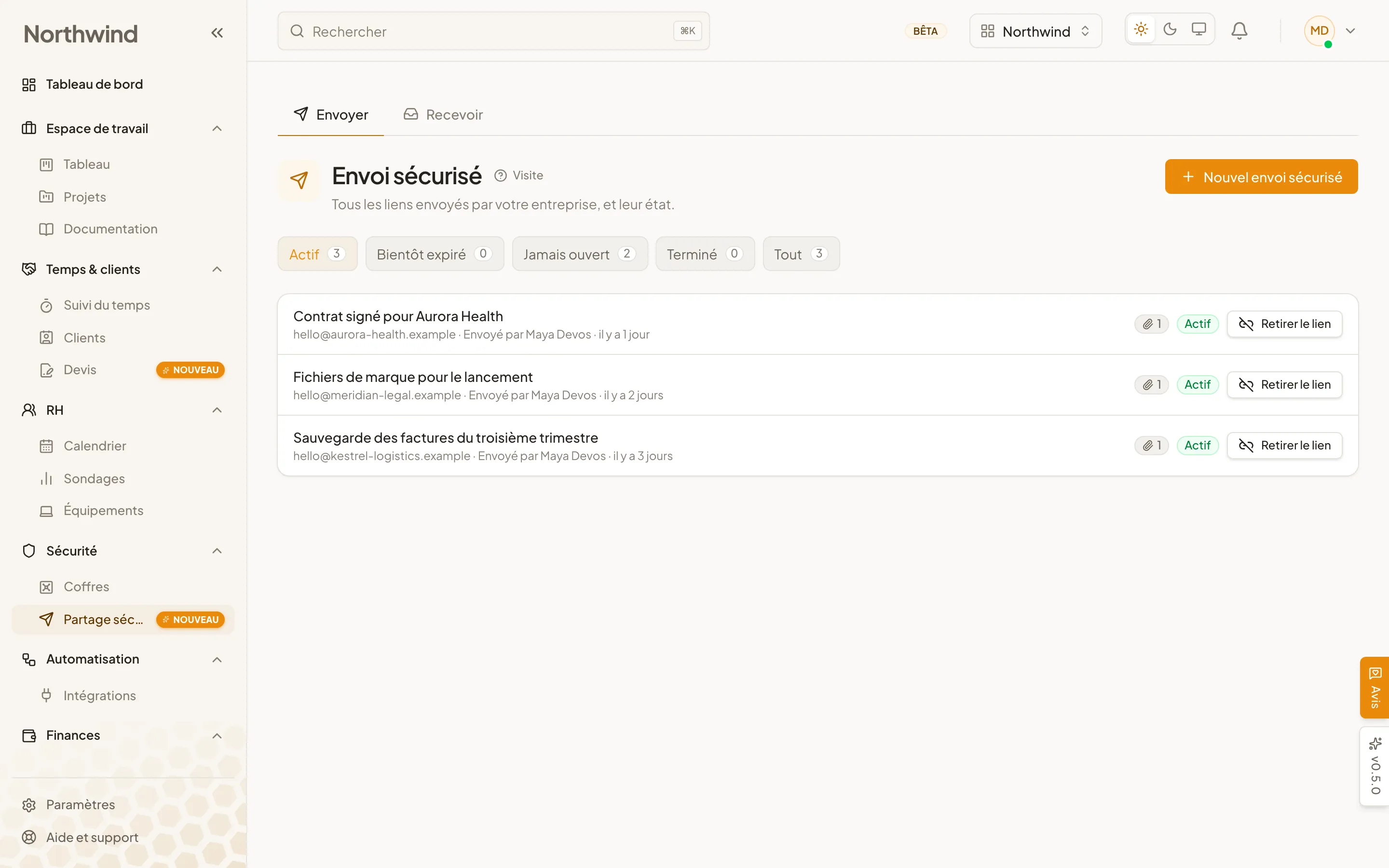 L’aperçu Secure Share de Cohively, avec les liens envoyés et l’état de chacun.