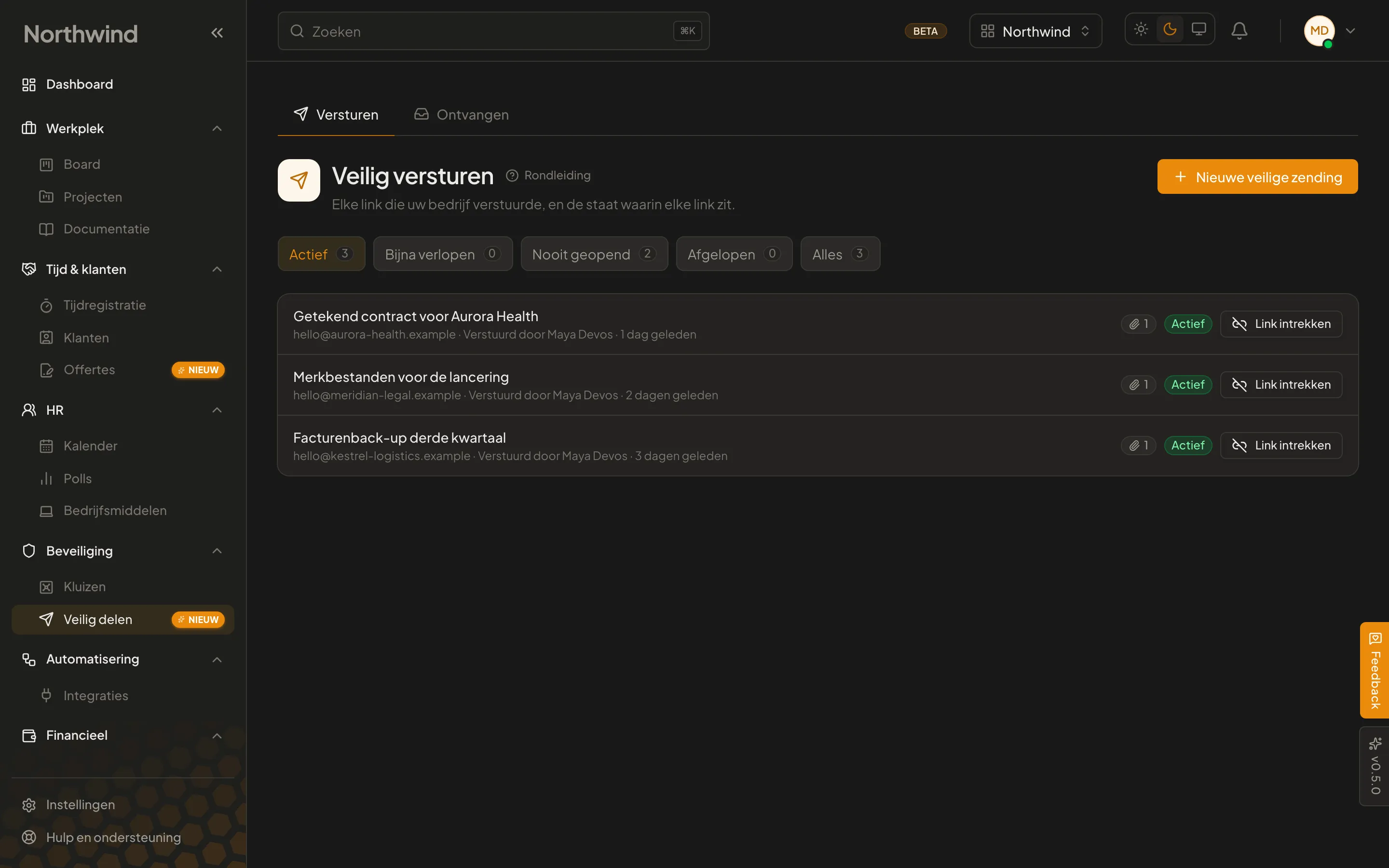 Het Secure Share-overzicht van Cohively, met de links die uitgingen en de staat waarin ze zitten.