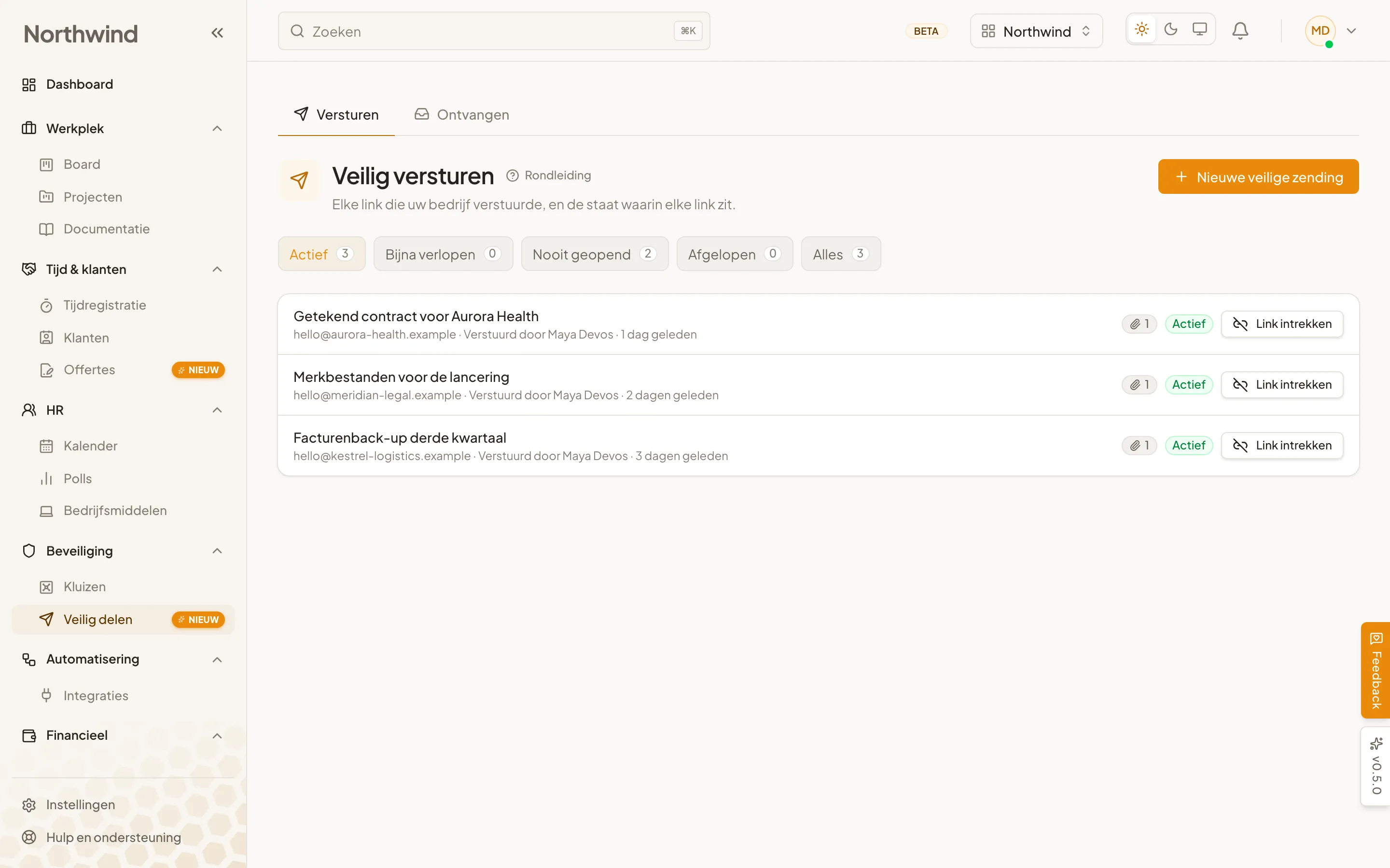 Het Secure Share-overzicht van Cohively, met de links die uitgingen en de staat waarin ze zitten.