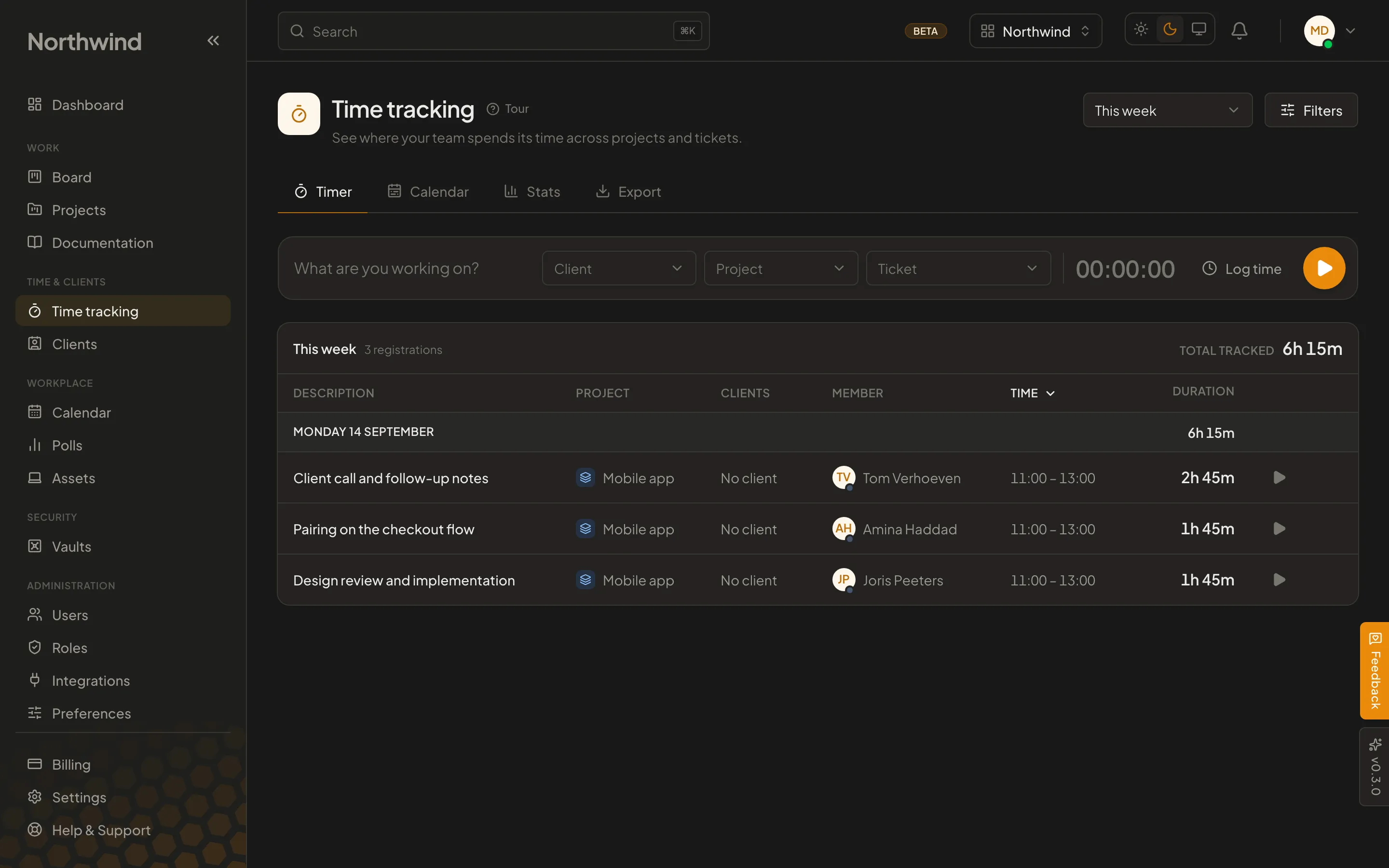 Cohively time tracking, showing logged entries per day with durations and the projects they belong to.