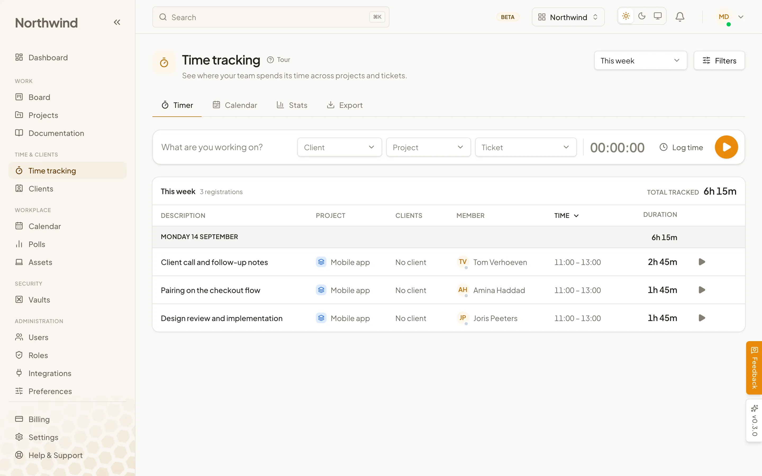 Cohively time tracking, showing logged entries per day with durations and the projects they belong to.