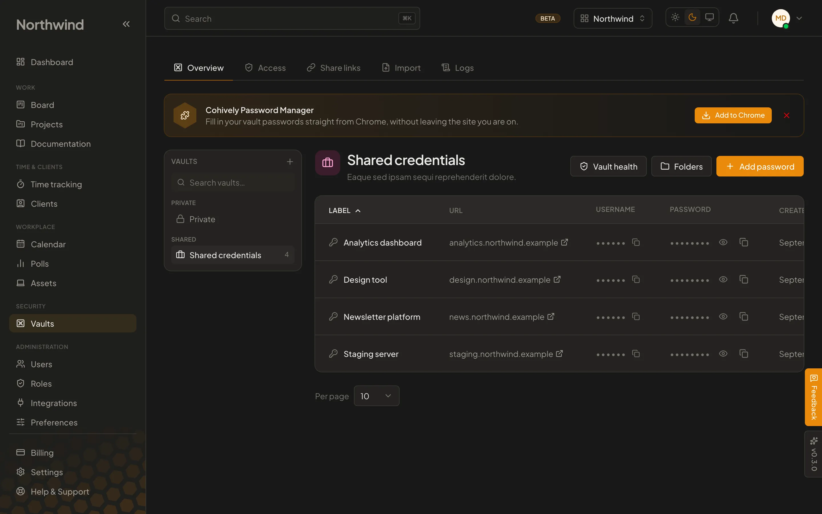The Cohively password vault, showing stored credentials with their secret values masked.